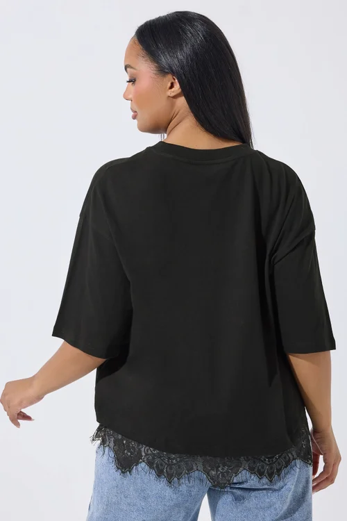 Yours Limited Curve Black Lace Hem T-Shirt - Size 26-28 Image 3