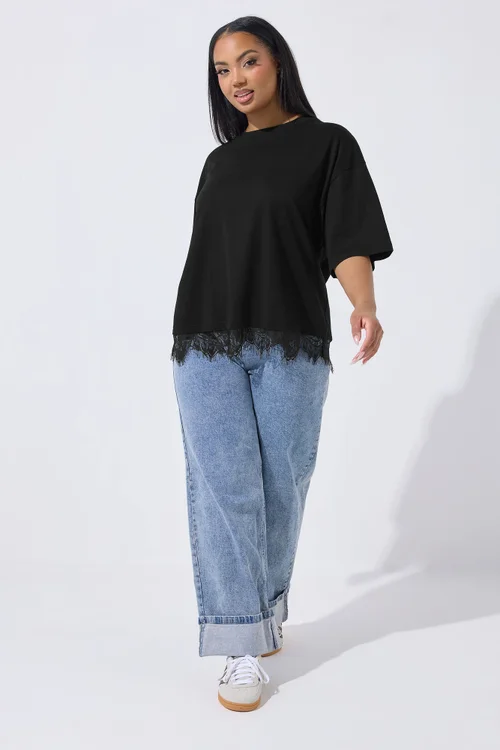 Yours Limited Curve Black Lace Hem T-Shirt - Size 26-28 Image 2