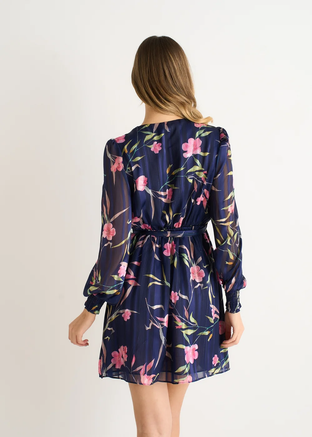Gini London Navy Floral Print Shimmer Stripe Chiffon Wrap Mini Dress - 10 Image 2