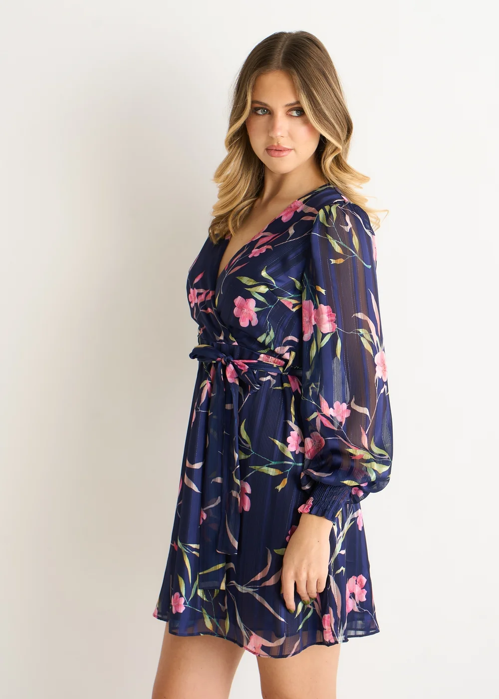 Gini London Navy Floral Print Shimmer Stripe Chiffon Wrap Mini Dress - 10 Image 4