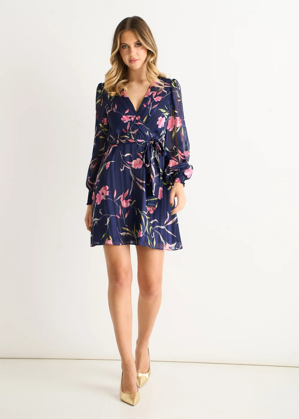 Gini London Navy Floral Print Shimmer Stripe Chiffon Wrap Mini Dress - 10 Image 1