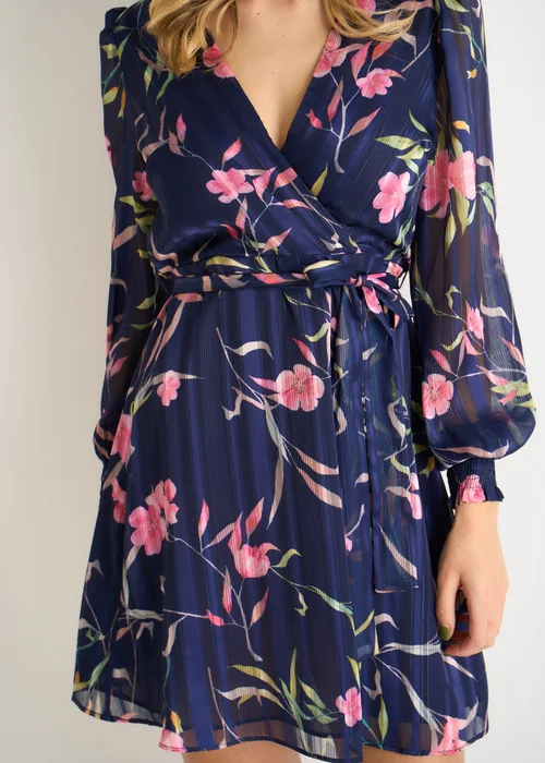 Gini London Navy Floral Print Shimmer Stripe Chiffon Wrap Mini Dress - 10 Image 3