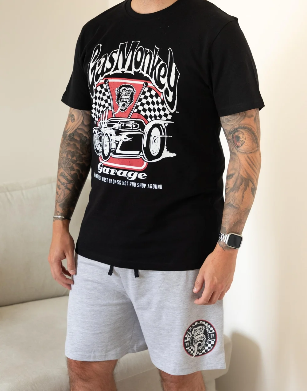 Vanilla Underground Gas Monkey Garage Logo Adults Short Leg Black PJs - Extra Large Image 2