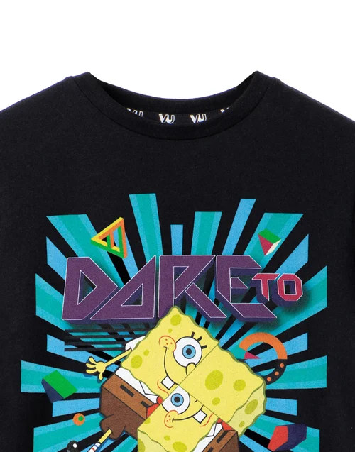 Vanilla Underground SpongeBob SquarePants Kids Dare To Be Square Black T-Shirt - 7-8 Yrs Image 3