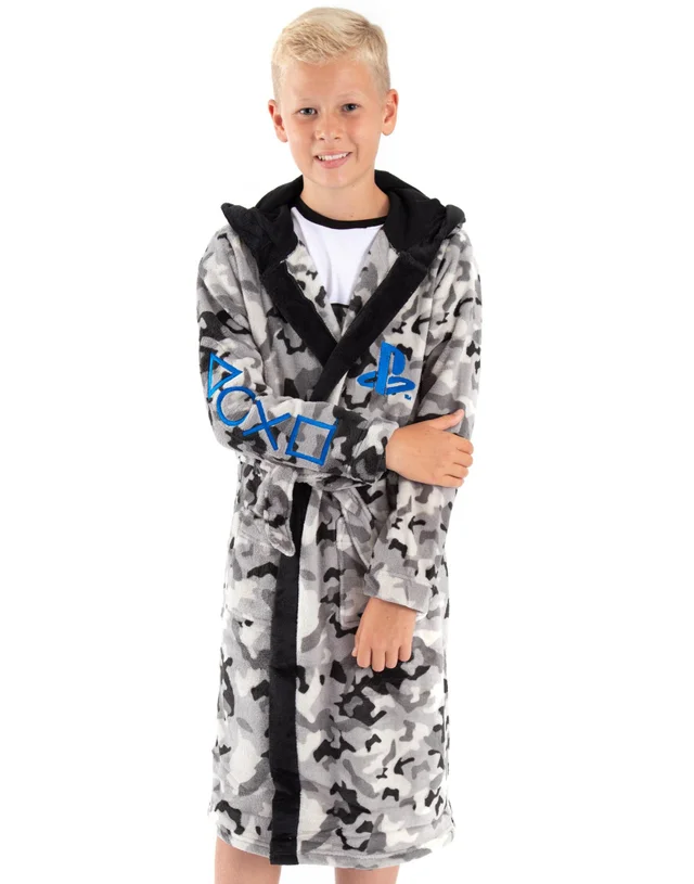 Vanilla Underground PlayStation Boys Grey Logo Grey Camo Print Bathrobe (5 - 14 Years)