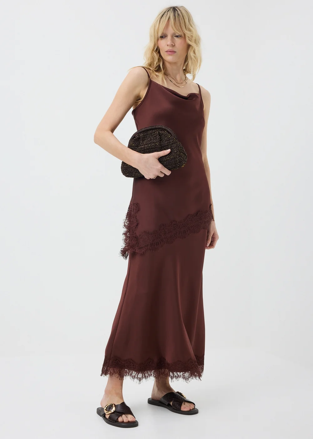 Chocolate Brown Satin Lace Trim Maxi Co Ord Skirt - 8 Image 1