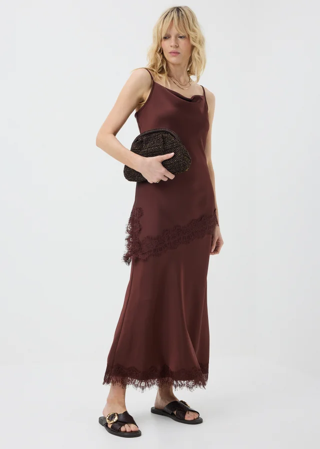 Chocolate Brown Satin Lace Trim Maxi Co Ord Skirt