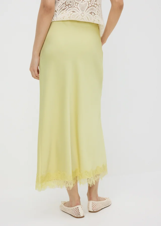 Lemon Satin Lace Trim Maxi Skirt