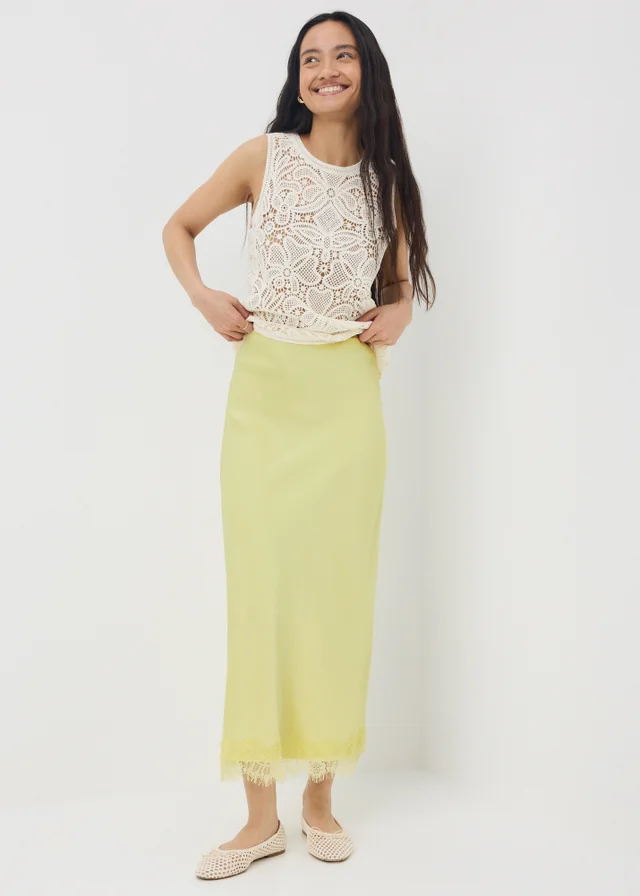 Lemon Satin Lace Trim Maxi Skirt