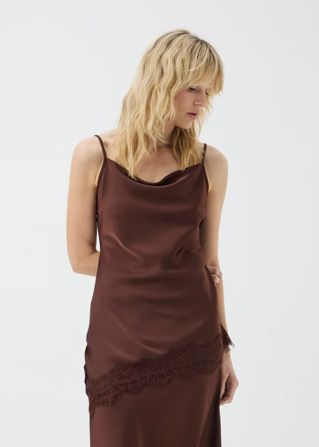 Chocolate Brown Satin Lace Cowl Longline Cami Top
