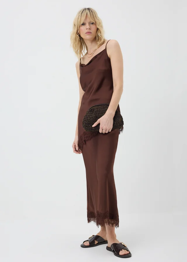 Chocolate Brown Satin Lace Cowl Longline Cami Top