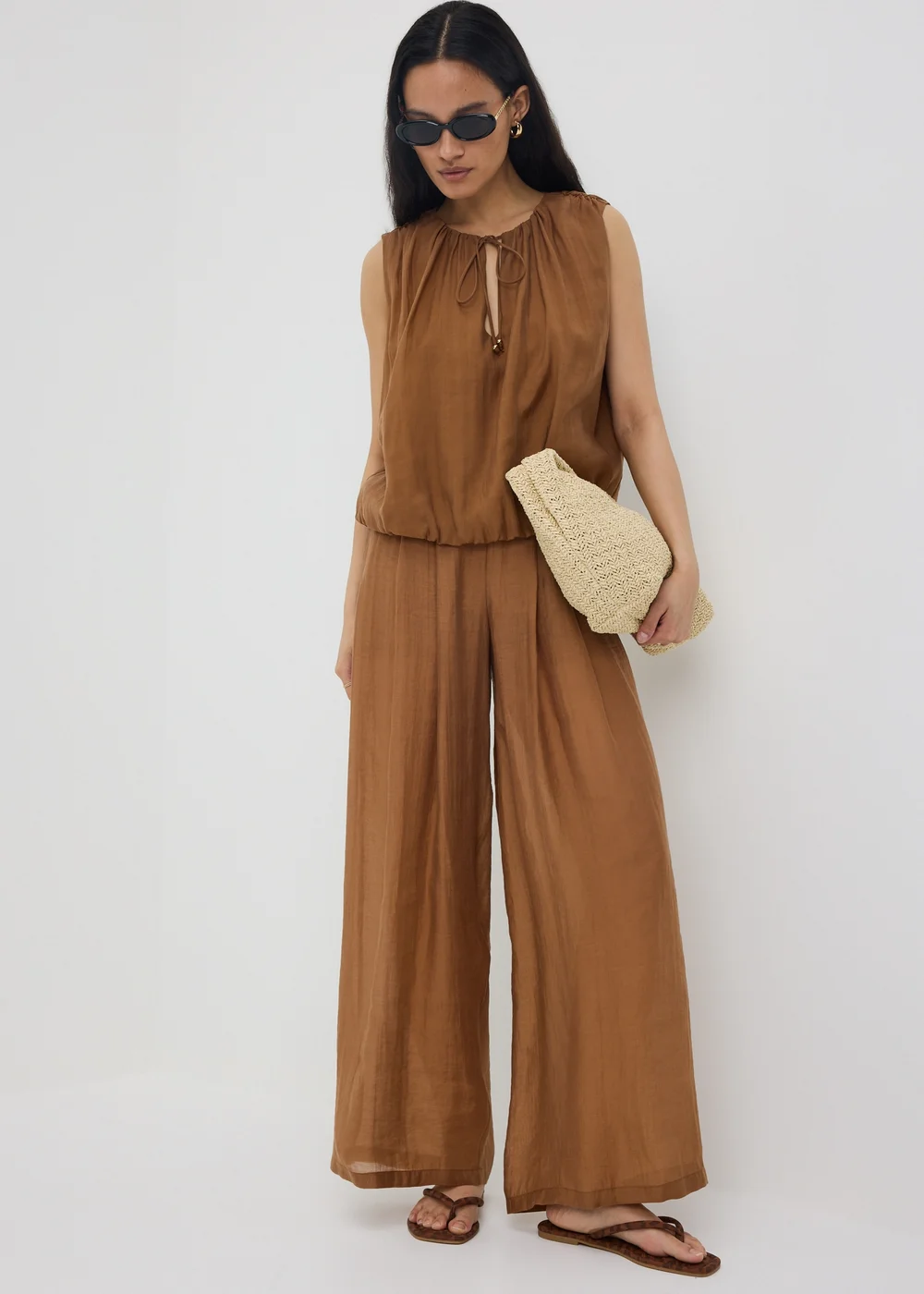 Chocolate Brown Wide Leg Co Ord Trousers - 8 L Image 1