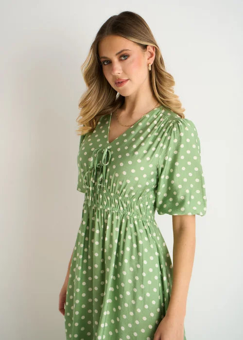 Gini London Sage Green Spot Print Shirred Waist Shift Midi Dress - 10 Image 4