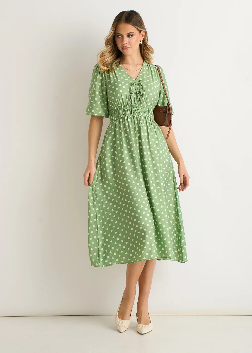 Gini London Sage Green Spot Print Shirred Waist Shift Midi Dress - 12 | Matalan Gini London Sage Green Spot Print Shirred Waist Shift Midi Dress - 12 | Matalan