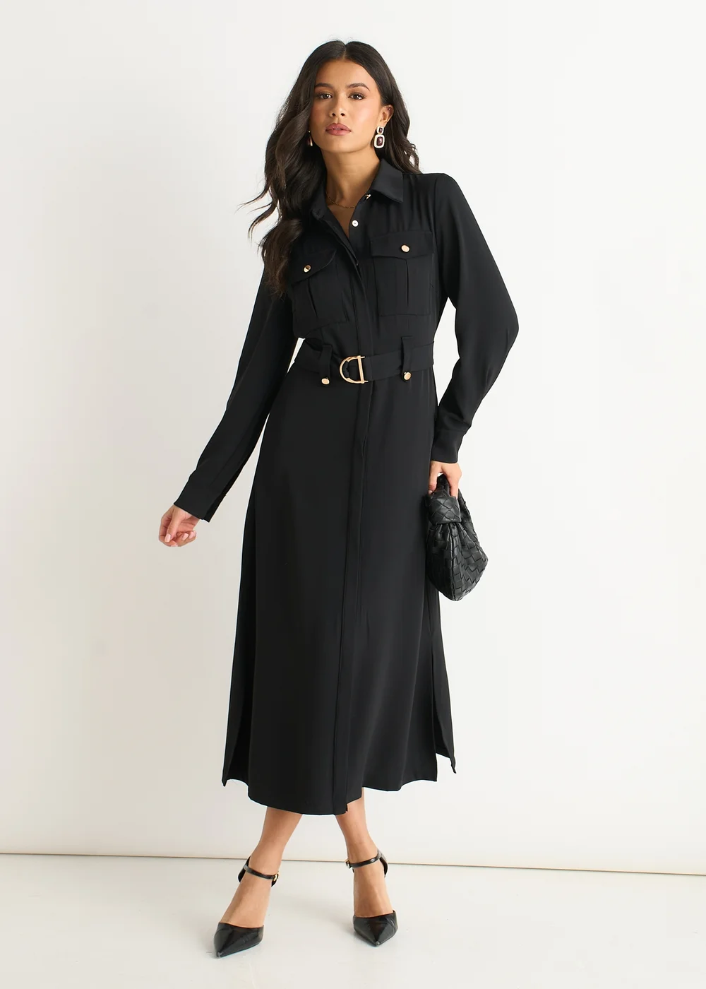 black shirt dress gold buttons boohoo Women's Plus Gold Button Shift Shirt Dress in Black
