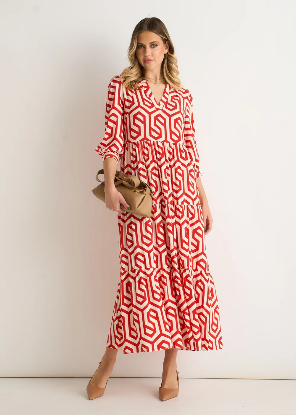 Gini London Red Geo Print Smock Maxi Dress - 10 Image 1
