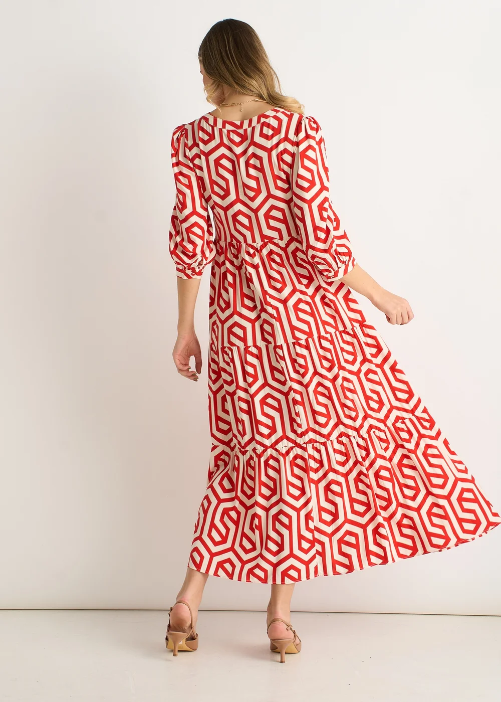 Gini London Red Geo Print Smock Maxi Dress - 10 Image 2