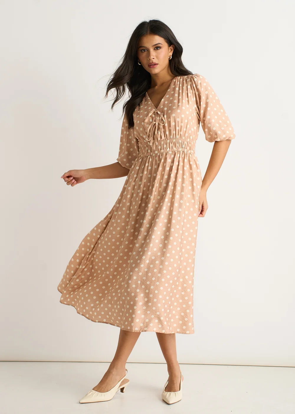 Gini London Oatmeal Spot Print Shirred Waist Shift Midi Dress - 10 Image 4