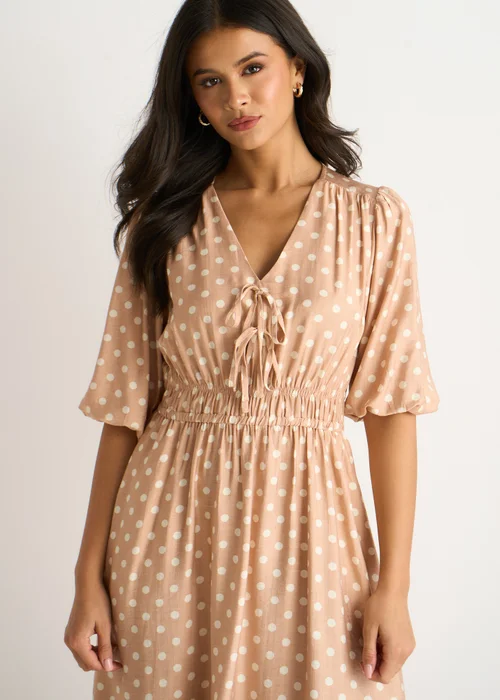Gini London Oatmeal Spot Print Shirred Waist Shift Midi Dress - 10 Image 3