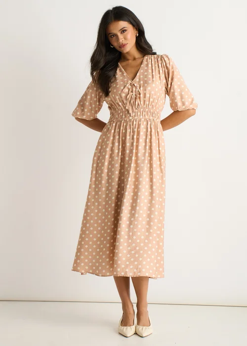 Gini London Oatmeal Spot Print Shirred Waist Shift Midi Dress - 10 Image 1