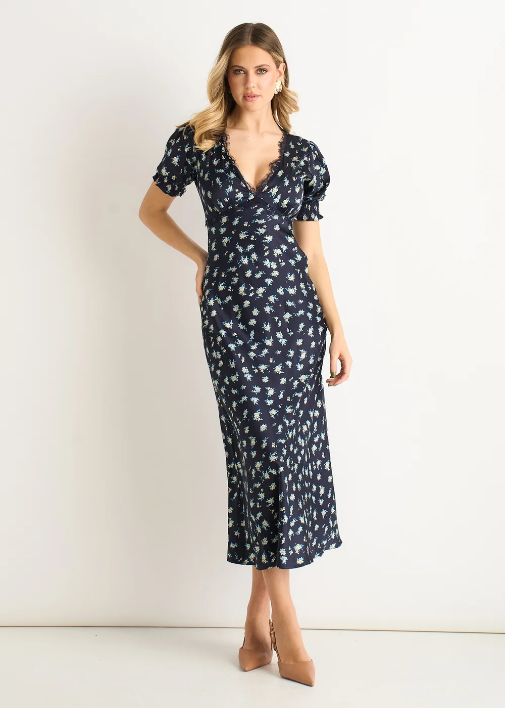 Gini London Navy Floral Lace Trim V Neck Midi Dress - 8 Image 2