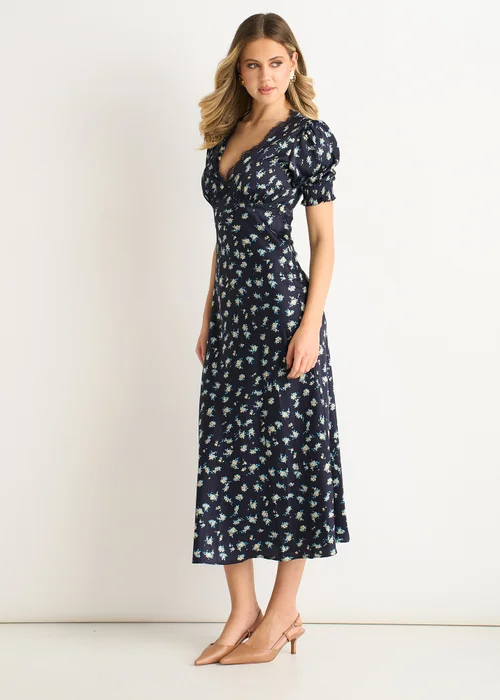 Gini London Navy Floral Lace Trim V Neck Midi Dress - 8 Image 3