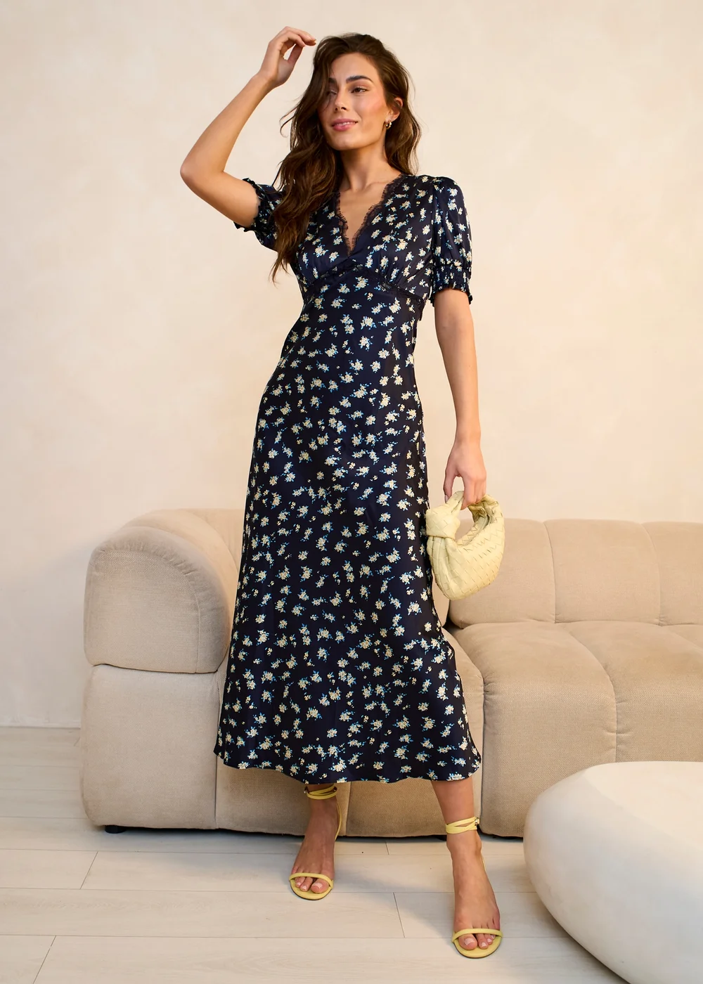 Gini London Navy Floral Lace Trim V Neck Midi Dress - 14 | Matalan Gini London Navy Floral Lace Trim V Neck Midi Dress - 14 | Matalan