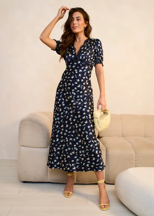 Gini London Navy Floral Lace Trim V Neck Midi Dress - 8 Image 1