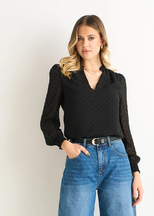 Gini London Black Dobby Chiffon Frill Neck Blouse - 10 Image 1