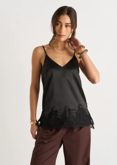 Gini London Black Lace Trim Satin Cami Top - 12 Image 1