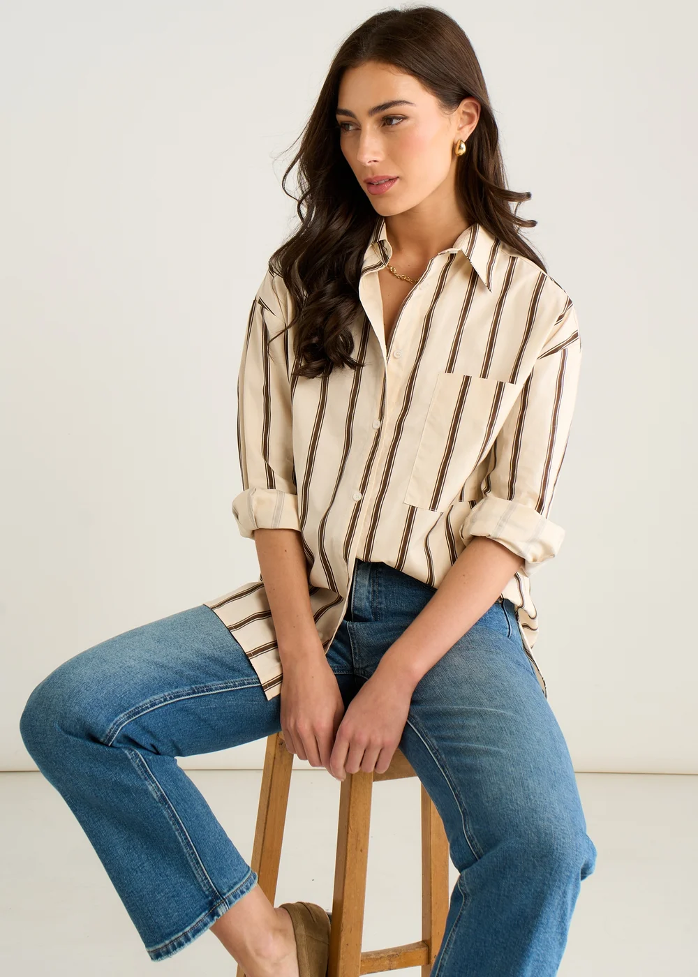 Gini London Cream Stripe Cotton Button Through Shirt - 14 Image 1