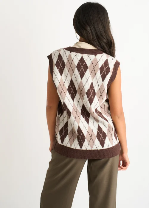 Gini London Chocolate Argyle Knit Vest Jumper - L/XL Image 2