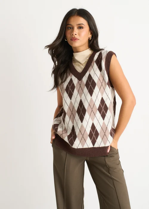 Gini London Chocolate Argyle Knit Vest Jumper - L/XL Image 3