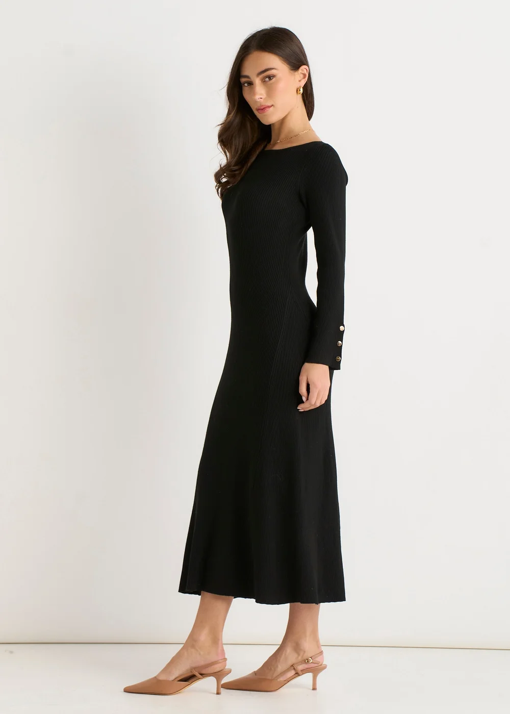 Gini London Black Slash Neck Knitted Fit And Flare Dress - M/L Image 4