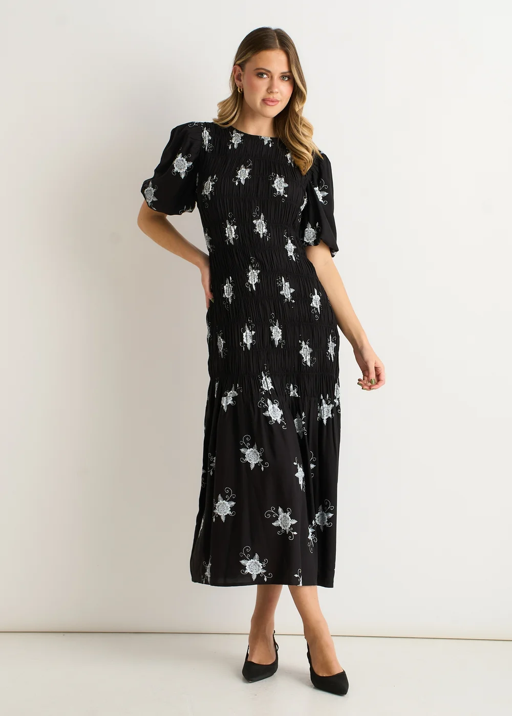 Gini London Black 3/4 Sleeves Paisley Ruched Midi Dress - 10 Image 1