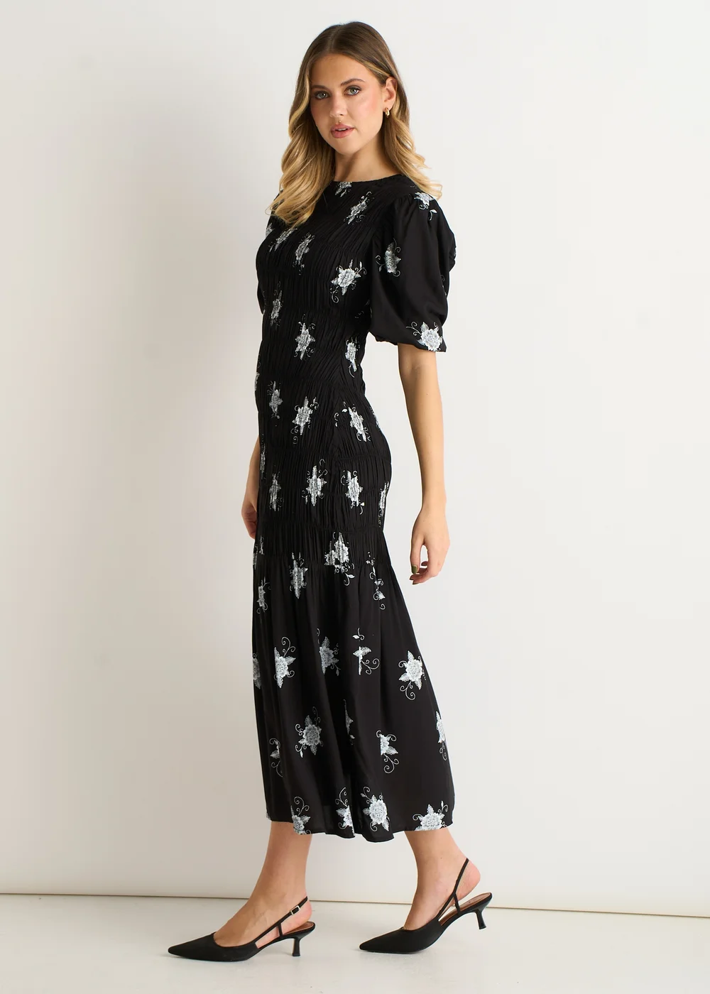 Gini London Black 3/4 Sleeves Paisley Ruched Midi Dress - 10 Image 4