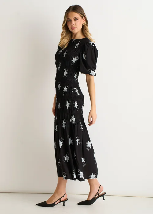 Gini London Black 3/4 Sleeves Paisley Ruched Midi Dress - 10 Image 4
