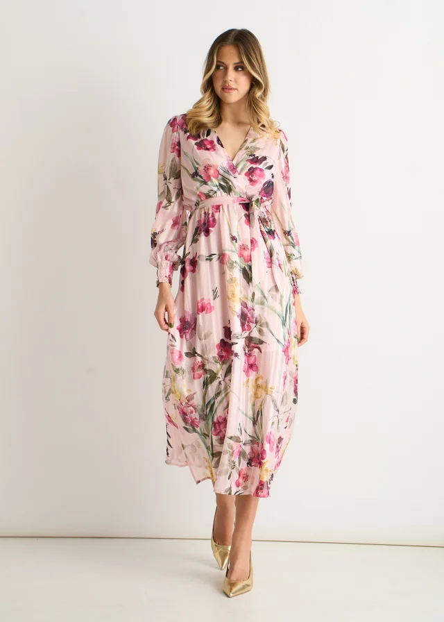 Gini London Pink Floral Print Sparkle Chiffon Wrap Midi Dress