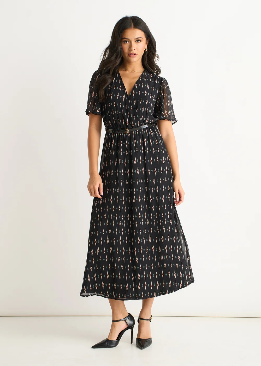 Gini London Black Geo Wrap Front Silk Fit & Flare Midi Dress - 10 Image 1