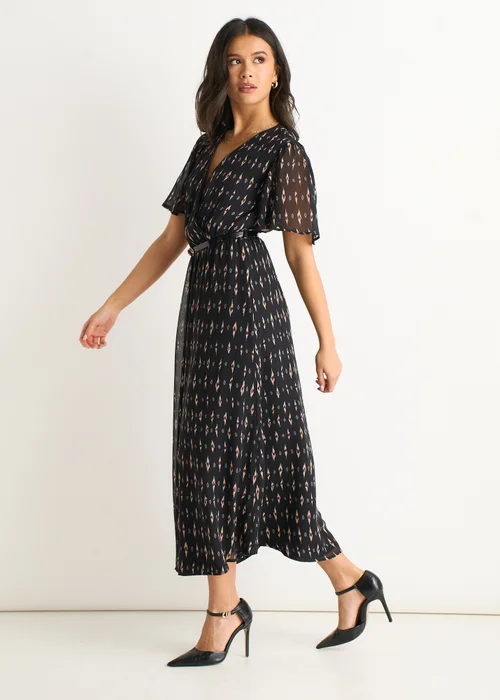 Gini London Black Geo Wrap Front Silk Fit & Flare Midi Dress - 10 Image 4