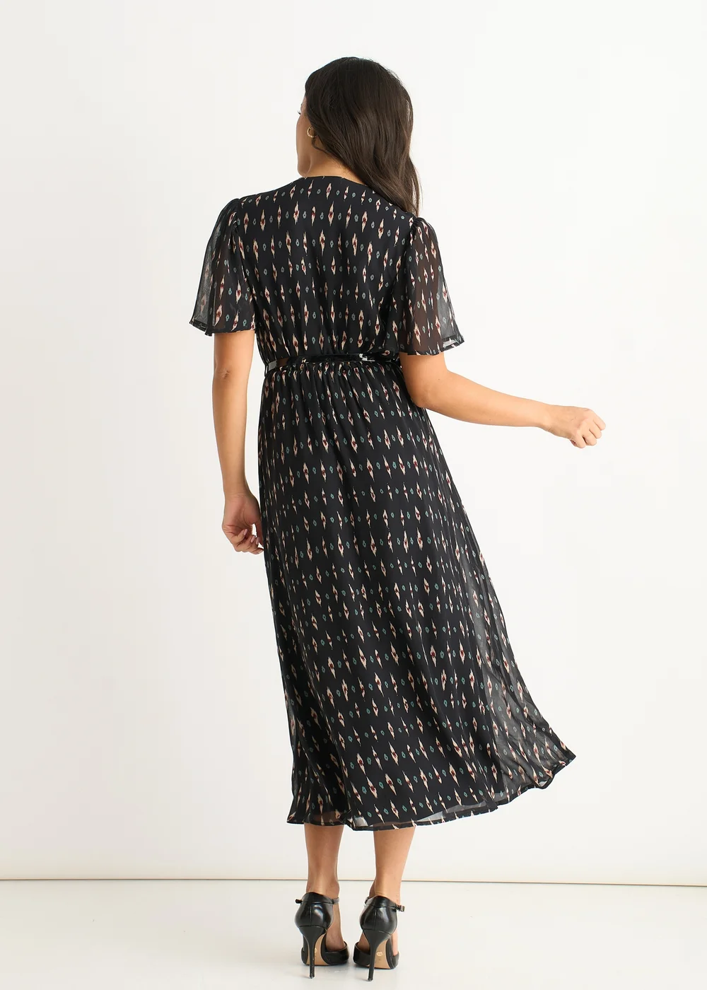 Gini London Black Geo Wrap Front Silk Fit & Flare Midi Dress - 10 Image 2