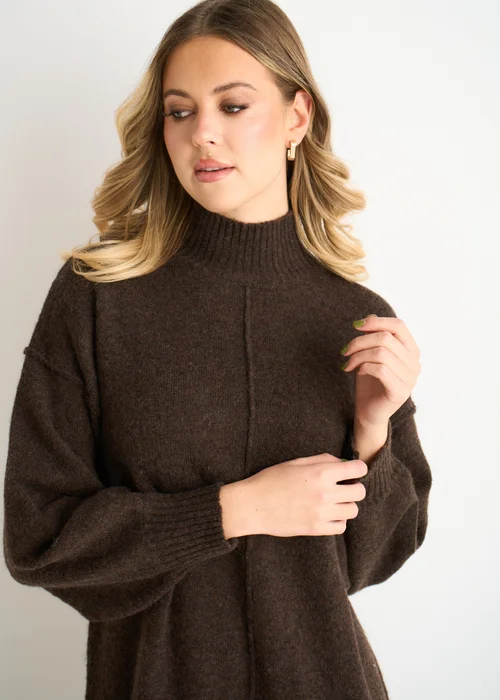 Gini London Brown Crew Neck Knitted Shift Dress - M/L Image 3