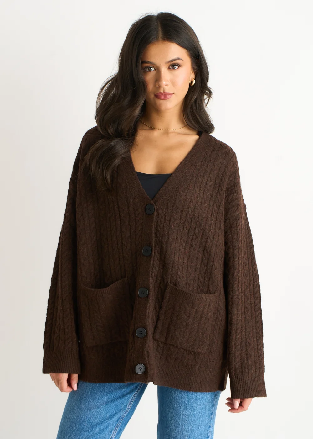 Gini London Brown Cable Patch Pocket Knitted Cardigan - L/XL Image 3