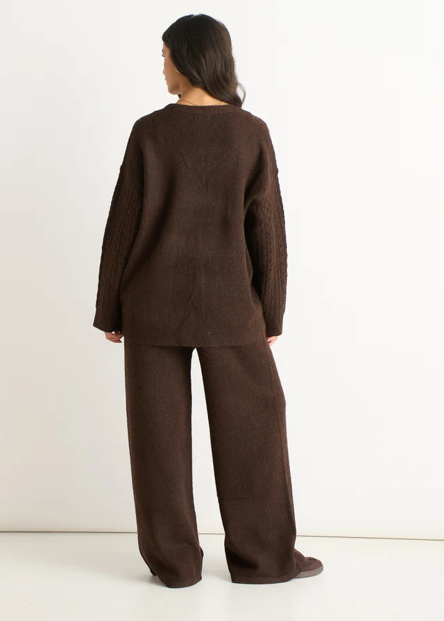 Gini London Brown Cable Patch Pocket Knitted Cardigan