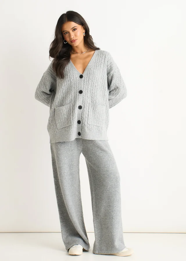 Gini London Grey Cable Patch Pocket Knitted Cardigan
