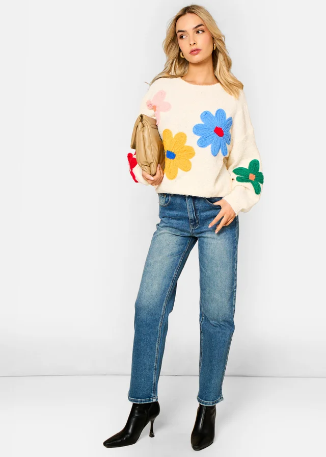 Gini London Cream 3D Flower Crochet Knitted Jumper