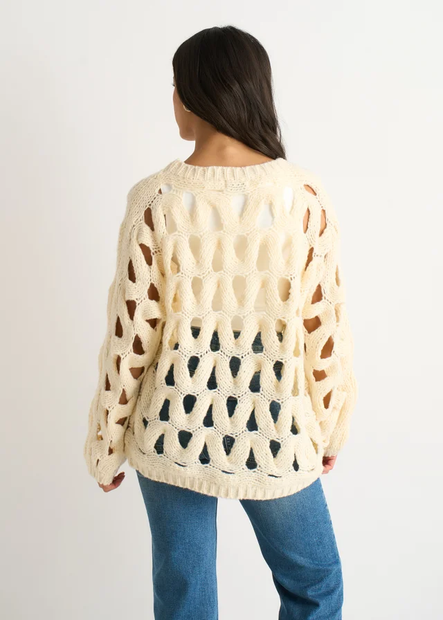 Gini London Butter Cream Hollow Chunky Knit Jumper