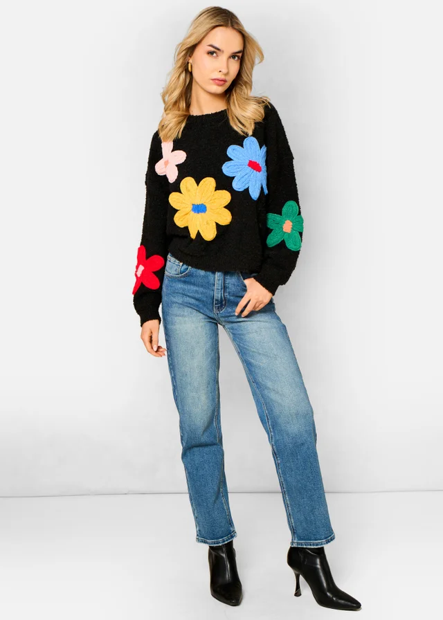Gini London Black 3D Flower Crochet Knitted Jumper