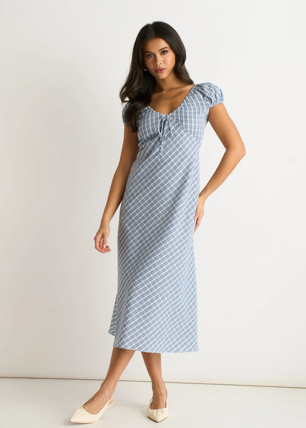 Gini London Blue V Neck Textured Gingham Midi Dress - 14 Image 1