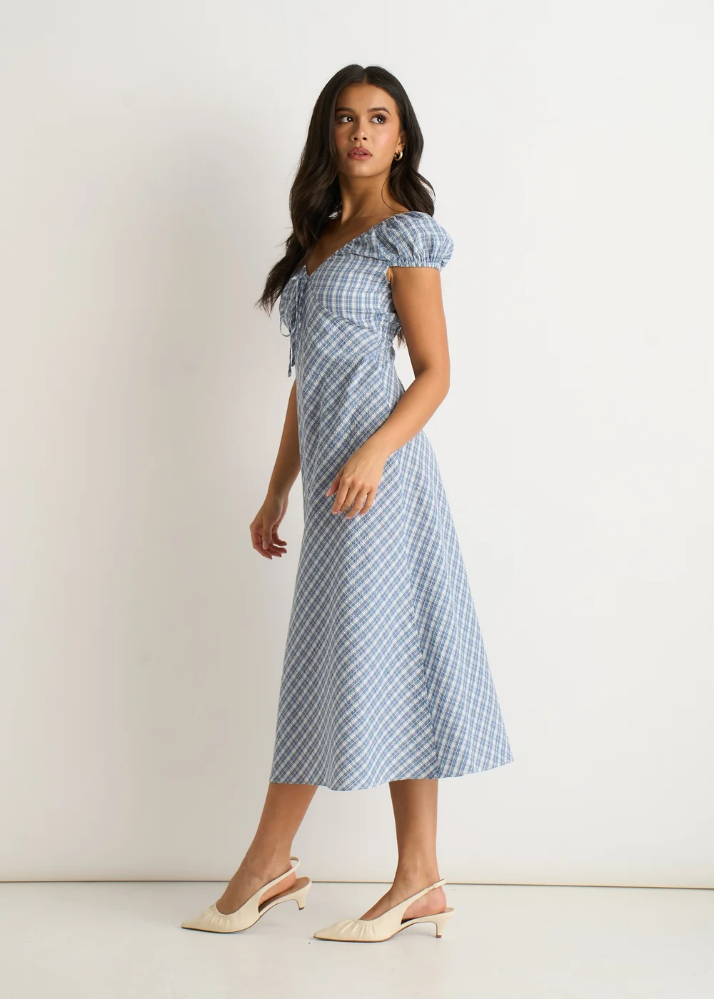 Gini London Blue V Neck Textured Gingham Midi Dress - 14 Image 4
